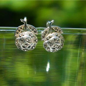 Vintage Sterling Silver & Marcasite Rose Motif Screw Back Earrings, circa 1940's